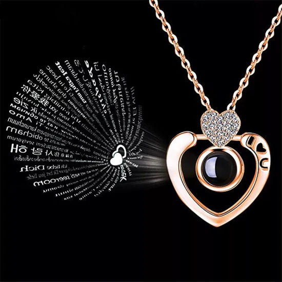COMBO TE AMO EN 100 IDIOMAS ANILLO+ COLLAR + CAJA DE CORAZON