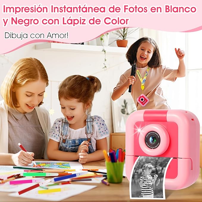 CAMARA DIGITAL CON IMPRESORA ZUEOKAI 2.4" con Lente Giratoria 180° y 3 Papeles de Impresión, Cámara de Fotos Tarjeta de 32GB,