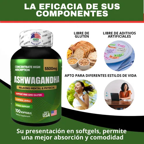 ASHWAGANDHA AMERICANO | ALTA CONCENTRACIÓN | 5500 mg | 100 Cápsulas Paga 1 lleva 2