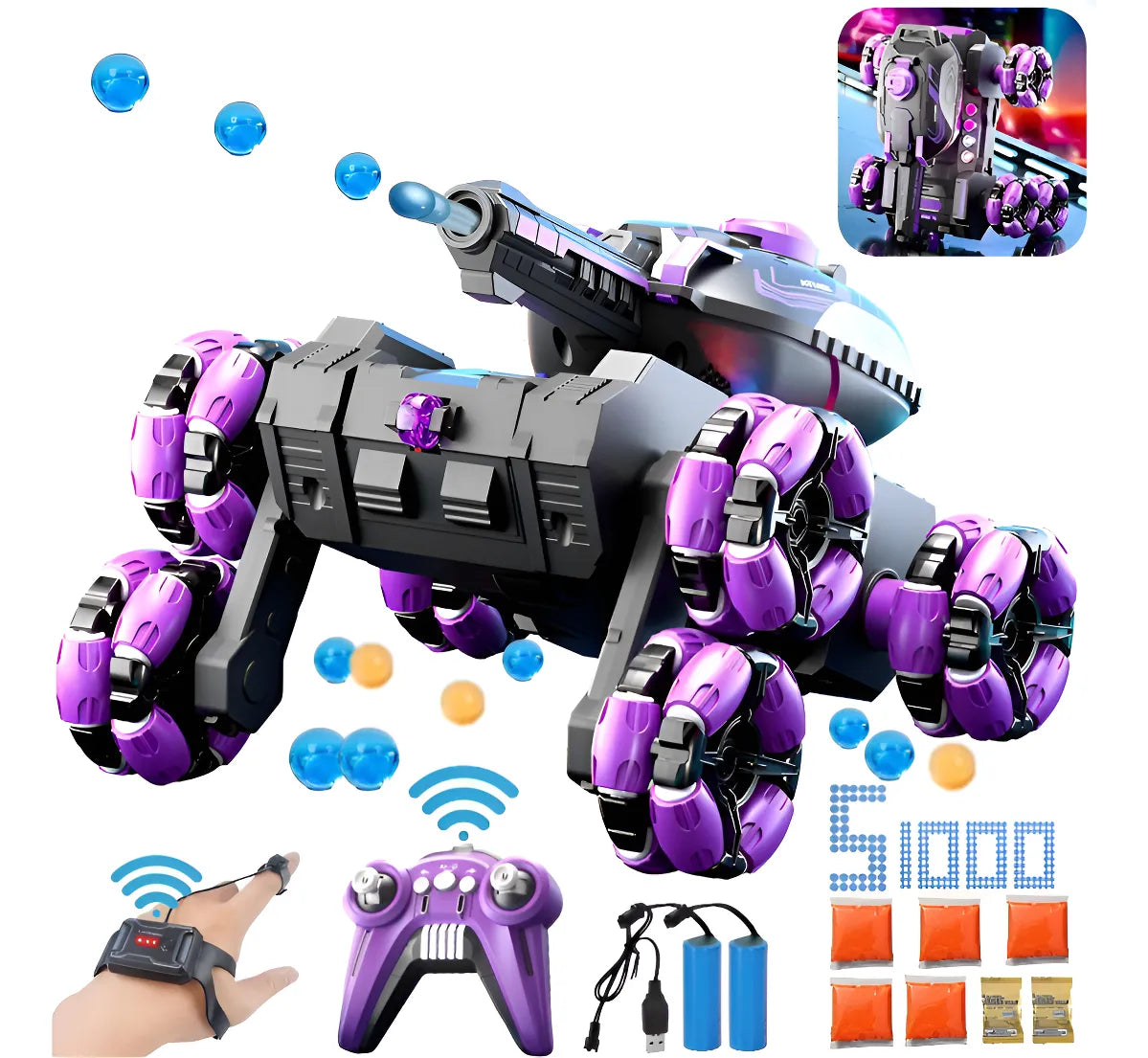 CARRO STUNT ACROBATICO RC 6 RUEDAS Con Lanzador De Balas Y 2 Baterías