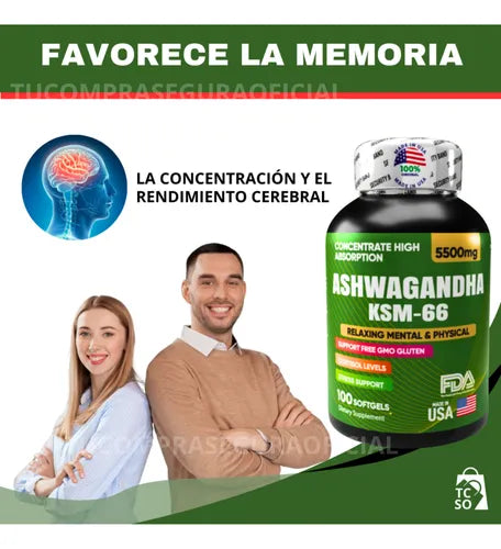 ASHWAGANDHA AMERICANO | ALTA CONCENTRACIÓN | 5500 mg | 100 Cápsulas Paga 1 lleva 2
