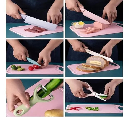 Set X6 De Cuchillos En Cerámica + Tabla de picar Gratis Afilador de cuchillos Quitchen