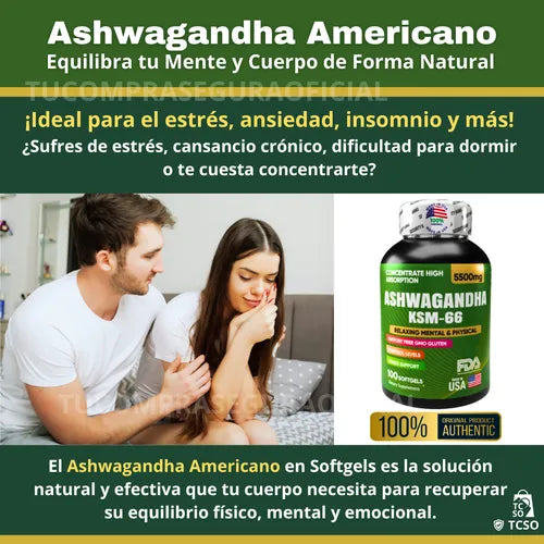 ASHWAGANDHA AMERICANO | ALTA CONCENTRACIÓN | 5500 mg | 100 Cápsulas Paga 1 lleva 2