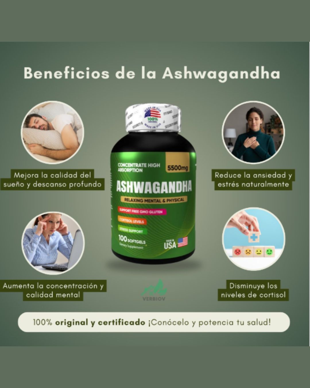 ASHWAGANDHA AMERICANO | ALTA CONCENTRACIÓN | 5500 mg | 100 Cápsulas Paga 1 lleva 2