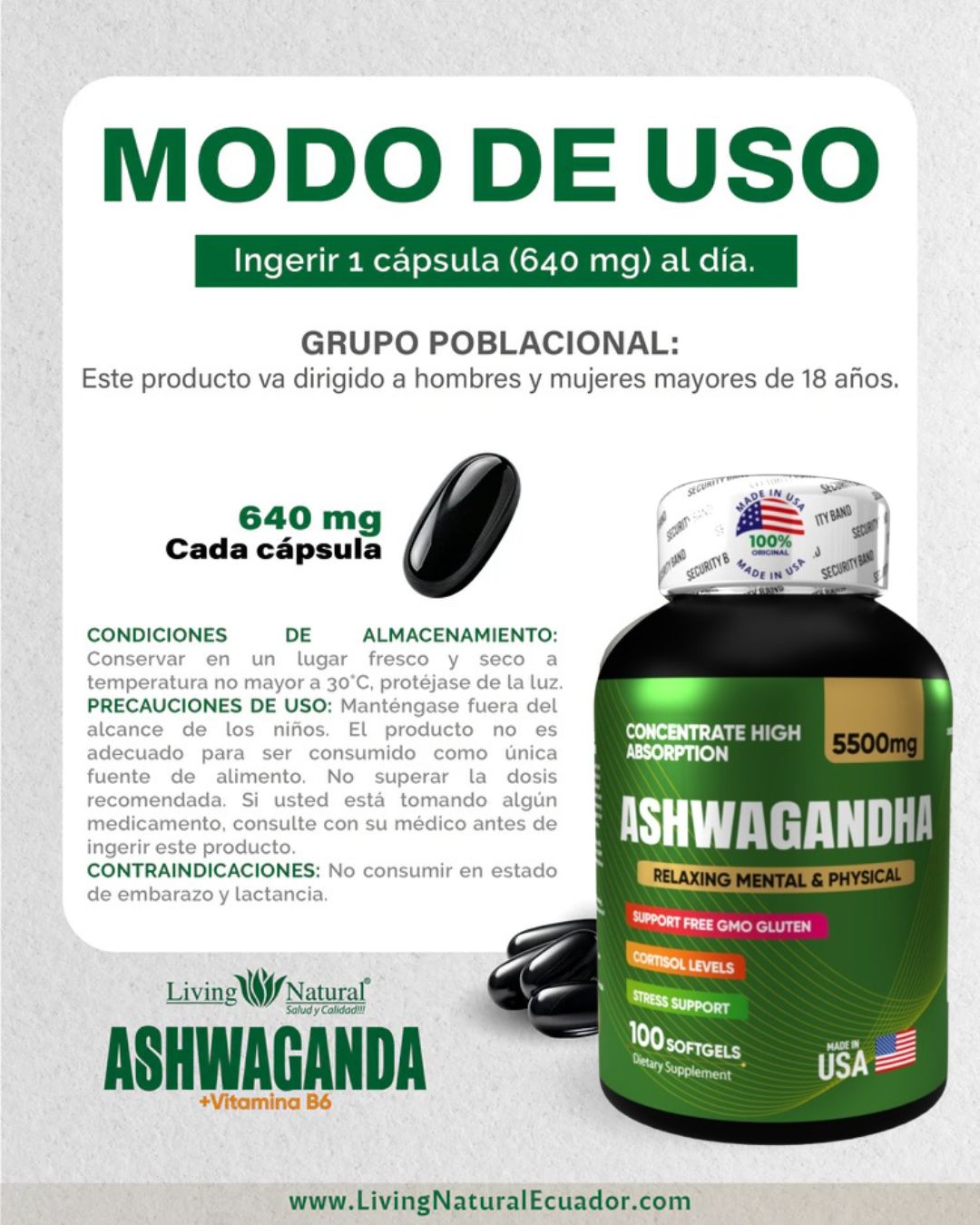 ASHWAGANDHA AMERICANO | ALTA CONCENTRACIÓN | 5500 mg | 100 Cápsulas Paga 1 lleva 2