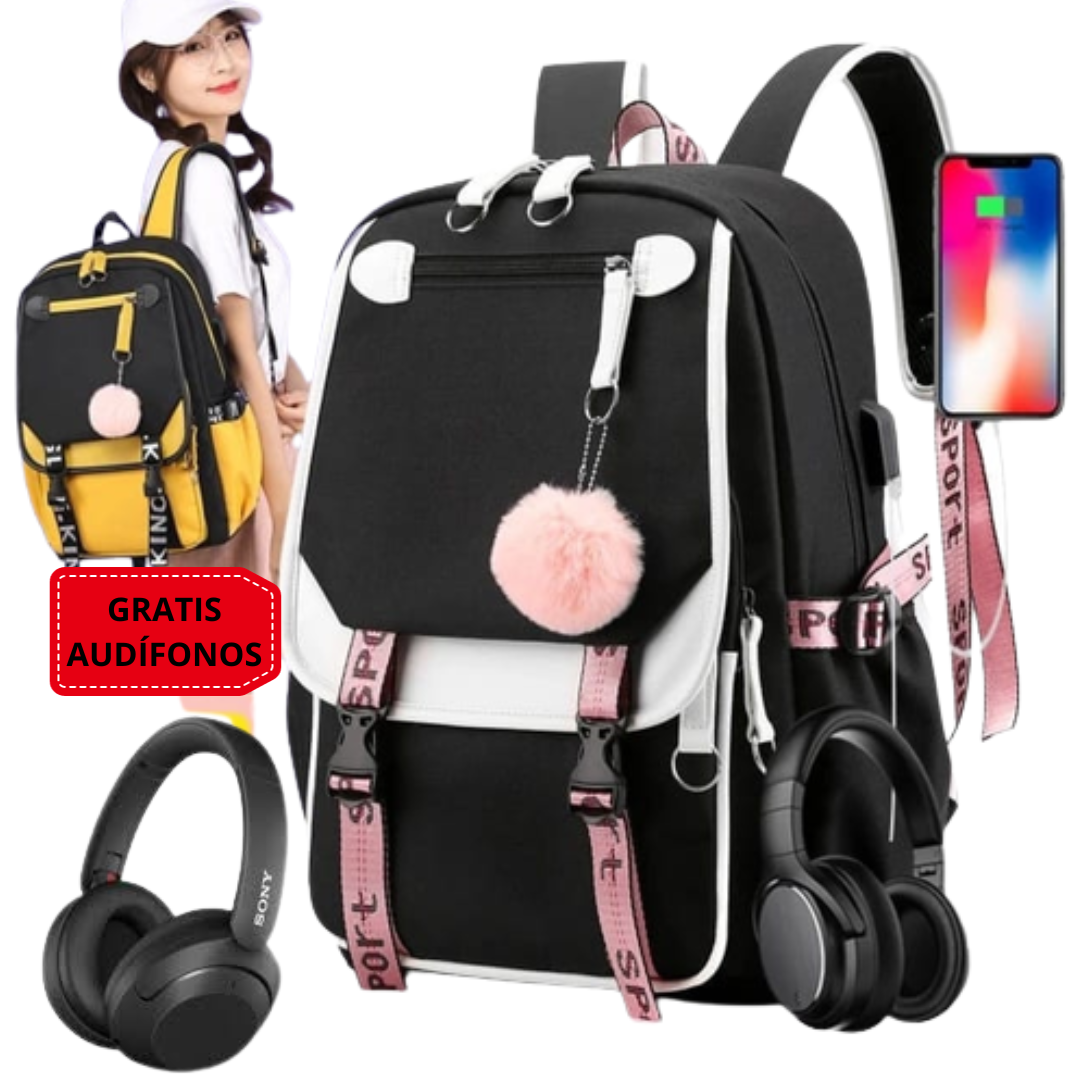 MOCHILA POMPOM CON PUERTO USB Y AUDIO