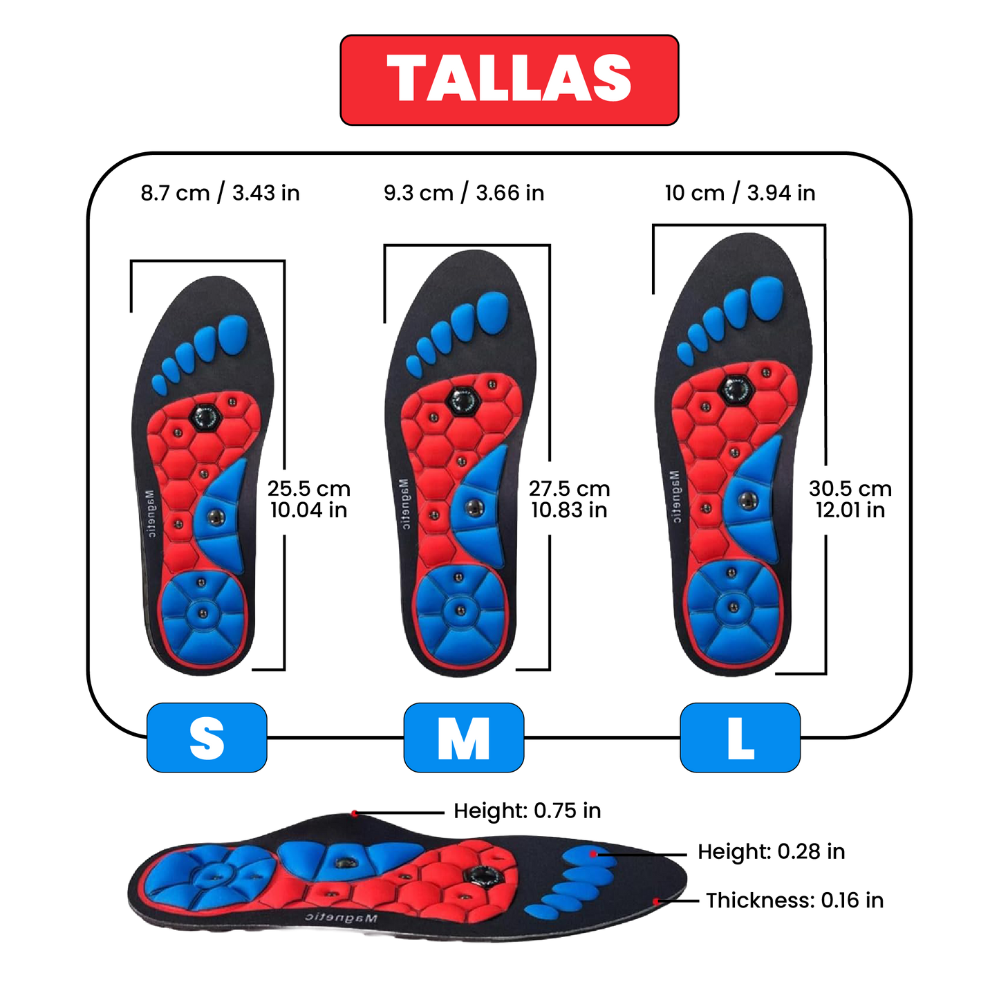 Plantillas de masaje de terapia magnética Ortopédicas ajustables recortables