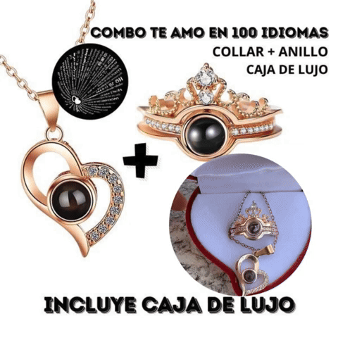 COMBO TE AMO EN 100 IDIOMAS ANILLO+ COLLAR + CAJA DE CORAZON