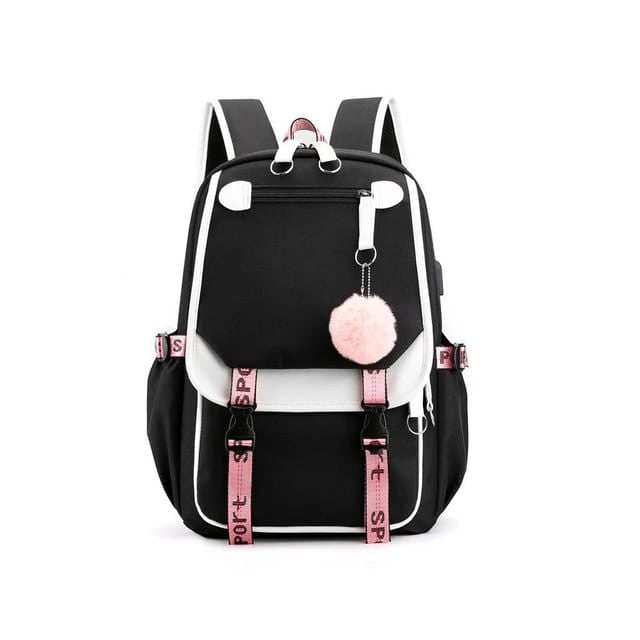 MOCHILA POMPOM CON PUERTO USB Y AUDIO