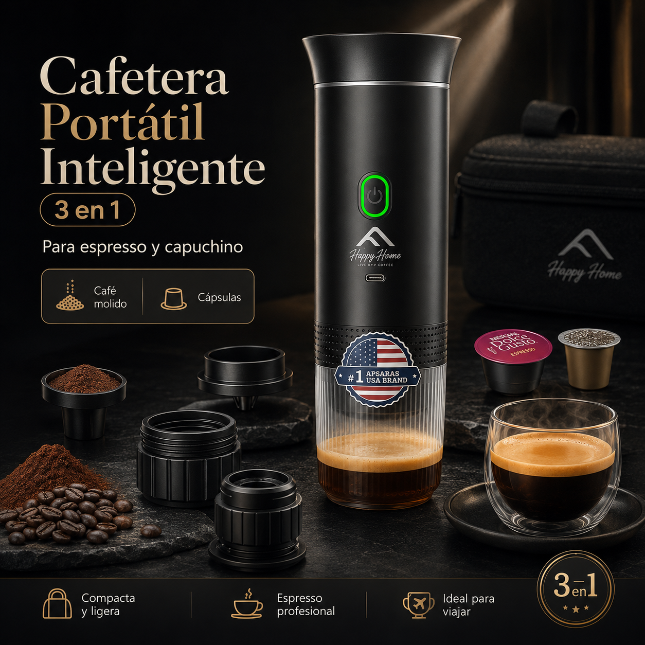 Cafetera Espresso Portátil 3 En 1 Con Pantalla Inteligente