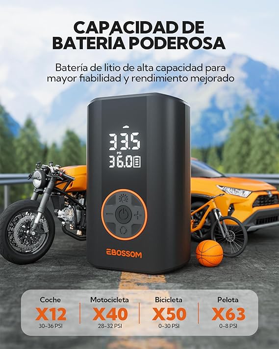 Compresor de aire portátil, inalámbrico con pantalla digital