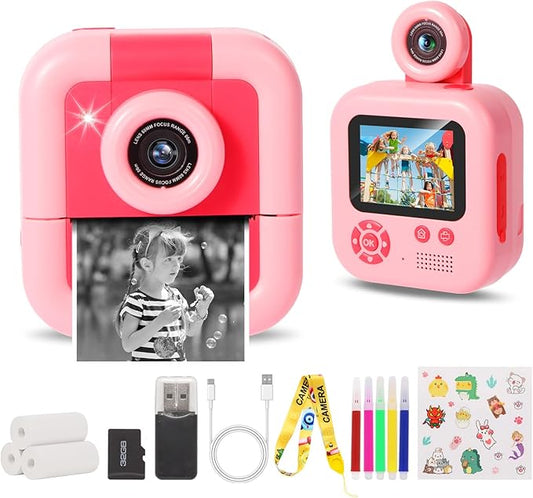 CAMARA DIGITAL CON IMPRESORA  ZUEOKAI 2.4" con Lente Giratoria 180° y 3 Papeles de Impresión, Cámara de Fotos Tarjeta de 32GB,