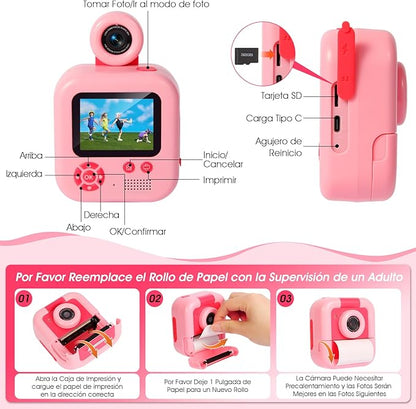CAMARA DIGITAL CON IMPRESORA  ZUEOKAI 2.4" con Lente Giratoria 180° y 3 Papeles de Impresión, Cámara de Fotos Tarjeta de 32GB,