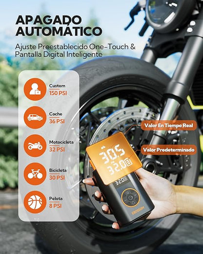Compresor de aire portátil, inalámbrico con pantalla digital