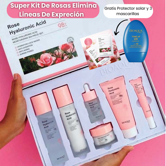 Kit X7 ROSAS Y ACIDO HIALURONICO BIOAQUA GRATIS PROTECTOR SOLAR