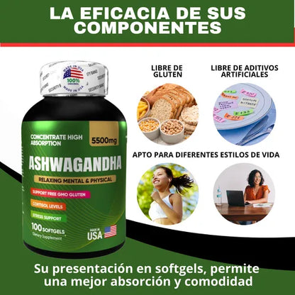 ASHWAGANDHA AMERICANO | ALTA CONCENTRACIÓN | 5500 mg | 100 Cápsulas Paga 1 lleva 2