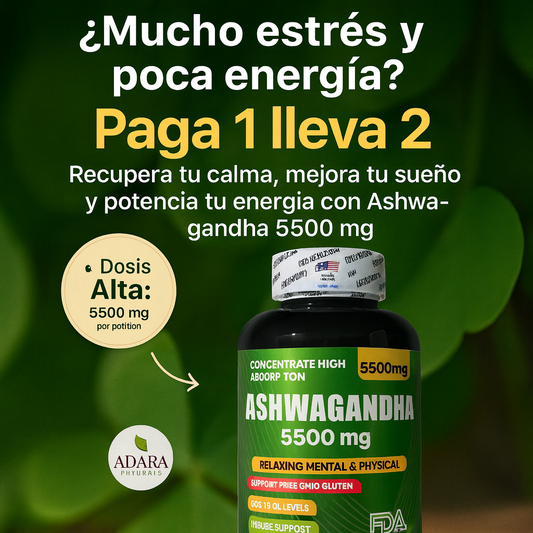 ASHWAGANDHA AMERICANO | ALTA CONCENTRACIÓN | 5500 mg | 100 Cápsulas Paga 1 lleva 2