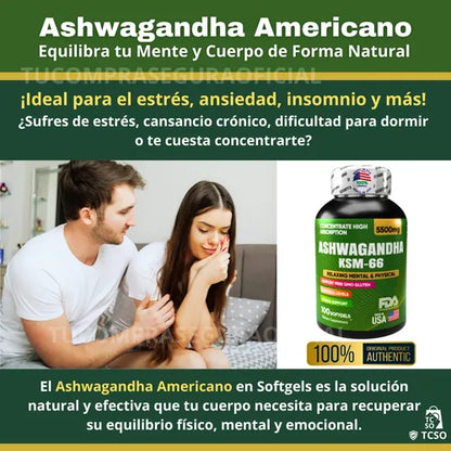 ASHWAGANDHA AMERICANO | ALTA CONCENTRACIÓN | 5500 mg | 100 Cápsulas Paga 1 lleva 2