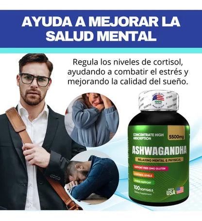 ASHWAGANDHA AMERICANO | ALTA CONCENTRACIÓN | 5500 mg | 100 Cápsulas Paga 1 lleva 2