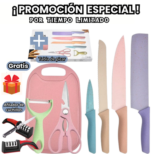 Set X6 De Cuchillos En Cerámica + Tabla de picar Gratis Afilador de cuchillos Quitchen