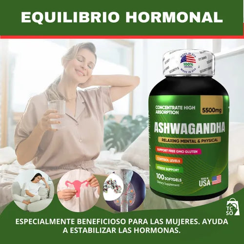 ASHWAGANDHA AMERICANO | ALTA CONCENTRACIÓN | 5500 mg | 100 Cápsulas Paga 1 lleva 2